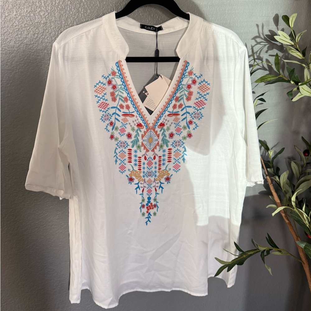 COZY White Blouse with Colorful Print